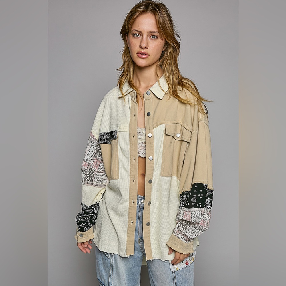 POL Two-Tone Cream and Beige Patchwork Jacket